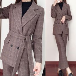 Plaid Vintage Ladies Suits Simple Loose Casual Blazer Dress Stylish Blasier Mujer Korean Women Pant Suit Spring Autumn MM60NTZ Women's Two P