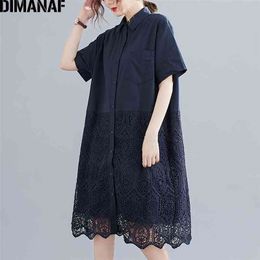 DIMANAF Summer Blouse Shirts Women Clothing Lace Floral Spliced Solid Elegant Lady Tops Tunic Casual Loose Short Sleeve Cardigan 210323