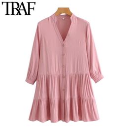 Women Chic Fashion Button-up Loose Mini Dress Vintage V Neck Three Quarter Sleeves Female Dresses Vestidos Mujer 210507