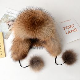 Berets Real Fur Hat Female 2021 Winter Warm Pompom Caps Luxury Women Natural Raccoon Russian