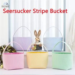 NEW! NEW!!! Easter Candy Basket Festive Seersucker Stripe Bucket Easters Eggs Storage Bag Multipurpose Home Clothes Baskets