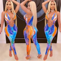 Women Painted Pattern Skinny Rompers Fashion Trend Hollow out Sling Lacing Tops Slim Trousers Designer Summer Female Navel Casual Jumpsuits