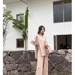 loose knitted suit autumn winter women set v neck pullovers sweater knit pants wide legs female track 210520