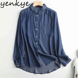 Vintage Blue Denim Blouse Shirt Women Long Sleeve Lapel Collar Casual Loose Spring Shirts Plus Size Blusas 210514