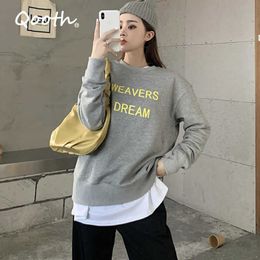 Qooth Autumn Women's Loose Thin Sweatshirts Cotton Letter Medium Lenght Full Sleeve O Neck Casual Female Student Tops QT154 210609