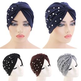 New Muslim Cotton Turban Caps Twist Knot Pearls Bonnet Muslim Women Indian Beads Hair Loss Hat Pleated Strech Chemo Cap Head Sc