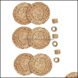 Mats & Pads Table Decoration Aessories Kitchen, Dining Bar Home Garden Woven Placemats Set With Napkin Rings,Round For Table,Heat Scratch Re