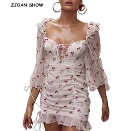 Sexy White Cherry Print Summer Dress Ruffle detail Long sleeves Mini Short for women Tie neckline Party es 210429