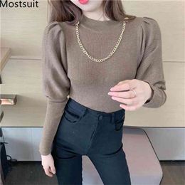 Chain Knitted Slim Sweater Pullover Women Full Sleeve Stand Collar Solid Korean Ladies Jumpers Tops Femme 210513