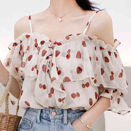 Blouses Short Sleeve Blouse Women Blusas Mujer De Moda Verano Slash Neck Off Shoulder Top Print Chiffon Blouse Shirt E723 210426