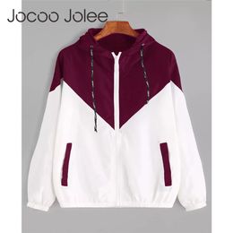 Spring Autumn Fashion Hooded Two Tone Windbreaker Jacket Zipper Pockets Casual Long Sleeves Feminino Coats Outwear 210428