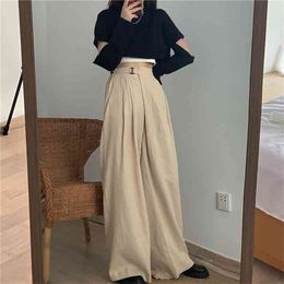Women's Early Autumn Tops Korean Sling Open Long Sleeve Two-piece High Waist Wide Legs Casual Mopping Pants Set PL269 210506