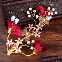 Hair Clips & Barrettes Chinese Style Red Flower Rhinestone Wedding Bride Jewelry Girl Aessories Bridal Hairpins Drop Delivery 2021 Mgz