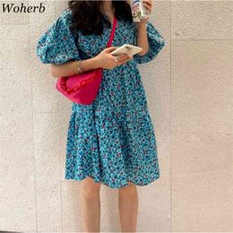 Korean Elegant Sweet Blue Floral Mini Summer Dress Women Ladies Short Puff Sleeve Vintage Dresses Casual Vestidos 210519