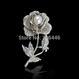 Pins, Brooches 3 Inch Large Rose Flower Crystal Rhinestone Diamante Plant Theme Brooch With Pearl