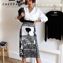 CHEERART Knitted Skirt Women Winter spaper Print Wrap Sweater Skirt Elastic High Waist Warm Ladies Skirt Knee Length 211120