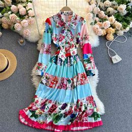 Women Fashion Ins Retro Print Bow Neck Long Sleeve Slim A-line Dress Elegant Korean Clothes Vestidos De Mujer R790 210527