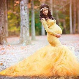 Long Sleeve Maternity dresses Lace Maxi Dress Pography Props Dresses splice Mesh pregnancy dress For Po Shoot Clothes 210922