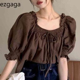 Ezgaga Blouse Women Shirts Korean Chic Lace Up Square Collar Loose All-Match Puff Sleeve Solid Loose Crop Tops Sweet Fashion 210430