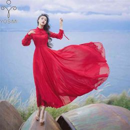 YOSIMI Autumn Dress Maxi Elegant Chiffon Long Women Stand Neck Fit and Flare Ankle-Length Sleeve Red 210604