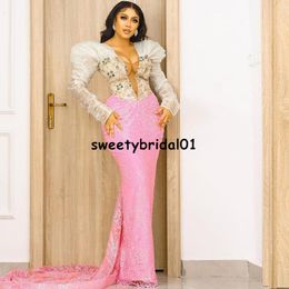 Pink Long Sleeves Prom Dress Mermaid 2022 Satin Evening Dresses Custom Made Formal Celebrity Gowns