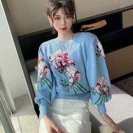 Women's sweater tops designer new autumn and winter sweater high-end fashion letter jacquard bubble sleeve top design clothing