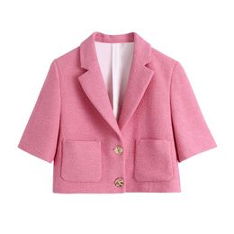 Women Pink Twill Sweet Blazer Jacket Spring Short Sleeve Office Casual Coat Turn Down Collar Ladies Tops Outerwear 210430