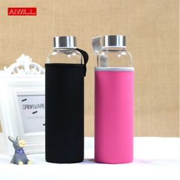 AIWILL Selling Glass Sport Water Bottle With Protective Bag 280ml / 360ml / 550ml Fruit Outdoor Bike Bottles High Quality 210923