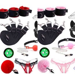 Nxy Sm Bondage Sex Toys Bdsm Set under Bed Erotic Restraint Handcuffs for Gag Tail Plug Women Men Nipple Clamps 1223