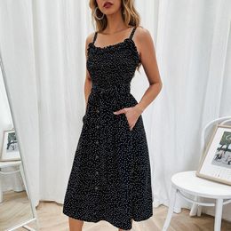 Sexy Summer Sleeveless slip Dress Women Strapless Bow Button loose bandage Pleated polka dot sundress casual Backless Vestidos 210426