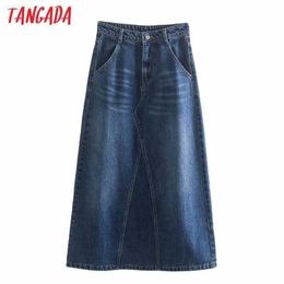 Tangada Women Blue Denim Long Skirt Faldas Mujer Vintage Buttons Ladies Elegant Chic Mid Calf Skirts 4M44 210609