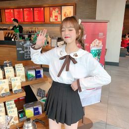 Camisas de blusas para mujeres Camisas de otoño Autumn Japanese College Style Collar Collar Cartas de bordado Bordado Blusa de manga larga Mujeres con fondo a