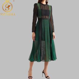 High Quality Women Long sleeve Runway Dress Autumn Fashion Green Patchwork pleated Lace Dresses vestidos 210520