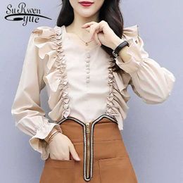 V-neck Chiffon Blouse Women Vintage Woman Shirt Autumn Elegant Ruffles Korean Clothes Office Lady Chic Blusas with Button 10911 210527