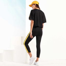 New Lady Fashion Colorblock Loose T-shirt Stretch Skinny Cropped Pants Sports Wind Two-piece Set Y0625