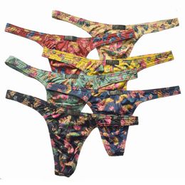 6Pack t Men's Thong Underwear Sexy Milk Silk Ginkgo Leaf Print U-convex Pouch Men Thongs & G Strings Tangas Hombre Ropa Interior H1214