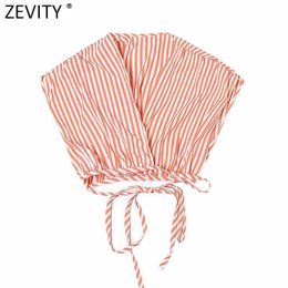 Zevity Women Sexy Deep V Neck Stripe Print Short Blouse Female Hem Lace Up Bandage Kimono Shirt Chic Blusas Crop Tops LS9283 210603