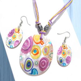 Earrings & Necklace Trendy Oval Seashell Butterfly Flower Peacock Printed Pendant With Geometric Jewelry Sets Female Accessory