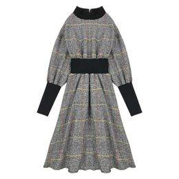 PERHAPS U Vintage Tweed Plaid Black Khaki Stand Collar Midi Dress Autumn Winter Elegant Puff Sleeve D0863 Back Zipper 210529