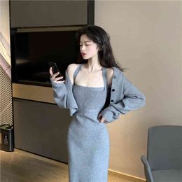 Neploe Chic Knitted Suit Casual Vintage Sling Dress Slim Sleeveless Bodycon Cropped Cardigan Coat 2 Piece Sets Femme Roupas 210422