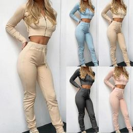 Women's Pants & Capris Drop 1 Set Crop Top Ribbing Hooded Autumn Solid Color Stretchy Hoodie Trousers For Sports