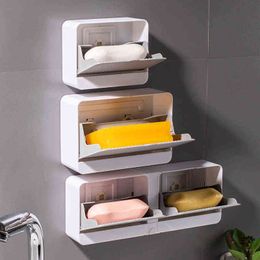 Clamshell Double Layer Wall Mount Soap Dishes Box Drain Sponge Holder Storage Rack For Bathroom Accessories Toiletries Organizer 211119