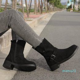 Boots 2021 Winter Women Flat Bottom Square Heel Round Head Middle Tube Daily Warm Simple Shoes