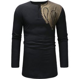 Paisley Black Shirt Men African Style Slim Long Robe Mens Clothing Ethnic Dashiki Camisas Bazin Tops Print T Shirts 210524