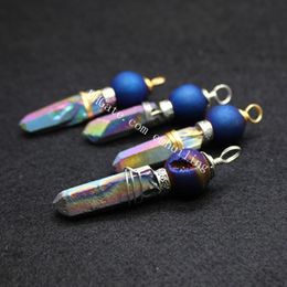 Druzy Metallic Coated Agate Round Gemstone Crystal Point Pendant Handmade Wire Wrapped Titanium Blue Quartz Geode Stone Sphere Ball with Rainbow Rock Stick Charms