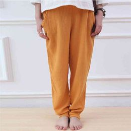 Johnature 9 Colour Women Brief Pants Elastic Waist Autumn Casual Cotton Linen Trouser Vintage Suitable Pockets 210915