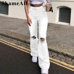 Women Street Ripped Flare Jeans Y2k Baggy Wide Lege Blue Denim Pants Vintage Streetwear High Waist Black Grey Bell Bottoms 2XL Y220311