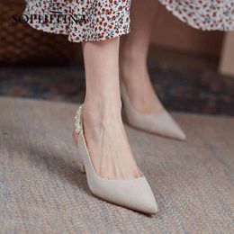 SOPHITINA Elegant Women's Shoes Suede Pointed Luxury Beaded Stilettos Shallow Mouth Daily Slip-on Handmade Female Sandals AO369 210513