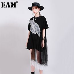 [EAM] Women Black Wings Stitch Mesh Big Size Dress Round Neck Short Sleeve Loose Fit Fashion Spring Summer 1W948 210512