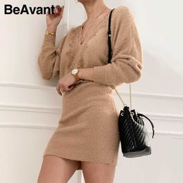 BeAvant Sexy khaki knitted backless women dress V-neck lace up bodycon short dress Office street autumn winter dress 210709